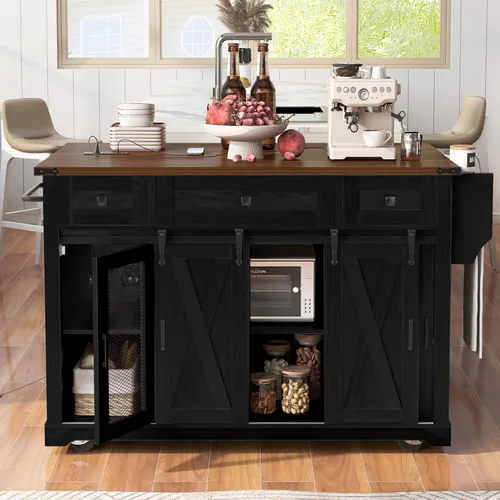 Miniatura 10 de Isla de cocina de 2 hojas caídas sobre ruedas, carrito de cocina rodante con tomas de corriente, mesa de isla de cocina con 2 gabinetes