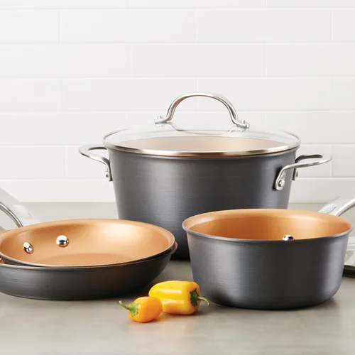 Miniatura 6 de Ayesha Curry Home Collection - Juego de ollas y sartenes antiadherentes anodizados duros, 9 piezas, gris carbón