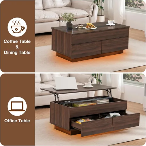 Miniatura 5 de HOMMPA Mesa de centro moderna con tapa elevable con almacenamiento para sala de estar, mesa de centro LED, mesa de comedor de madera con 2 cajones