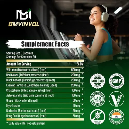 Miniatura 4 de BMVINVOL Suplemento de ñame silvestre Trébol rojo, cohosh negro, onagra, berberina, mio-inositol, equilibrio hormonal para mujeres [90 cápsulas]