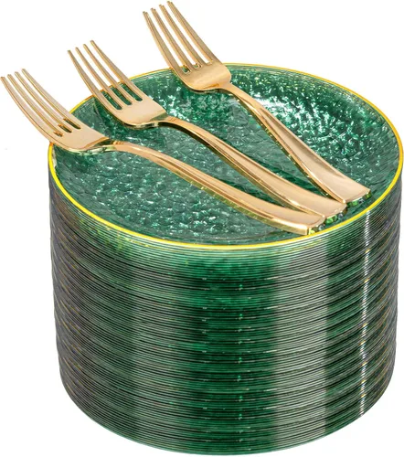 Miniatura 10 de DaYammi 240 platos de plástico negro que incluyen 120 platos de postre negros y 120 tenedores dorados, plato de fiesta martillado, platos