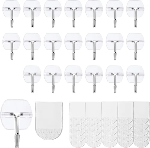 Miniatura 8 de 16 ganchos grandes + 20 tiras, ganchos transparentes con tiras extraíbles sin daños, ganchos de pared resistentes para colgar decoración del hogar