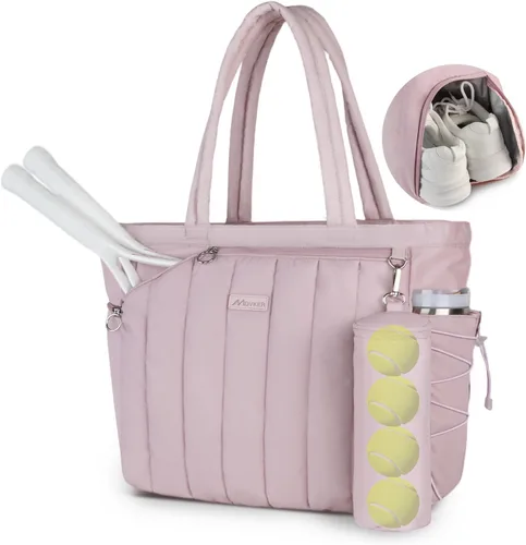 Bolsa acolchada de tenis para mujer, bolsa de lona para gimnasio con compartimento para zapatos y bolsillo húmedo, se adapta de 2 a 4 raquetas y Rosa