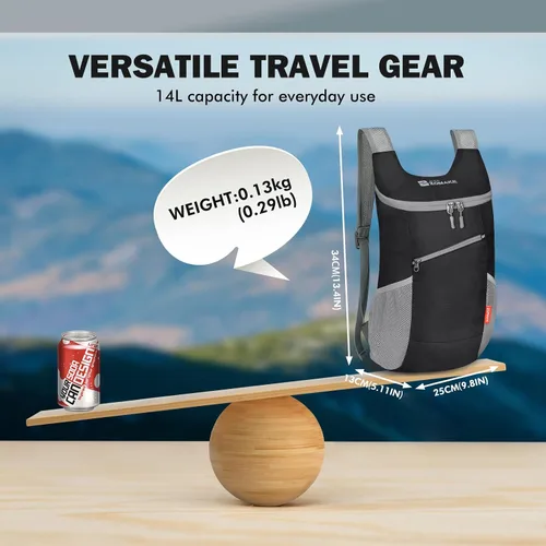 Miniatura 2 de ZOMAKE Mochila ligera y plegable, mochila pequeña para senderismo, resistente al agua, bolsa de día para viajes (14L, negro)