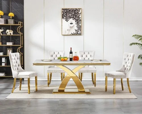 Miniatura 3 de Moderno juego de mesa de comedor de mármol para 4, juego de mesa de comedor de lujo para 4, mesa de comedor de mármol sintético de 68 pulgadas