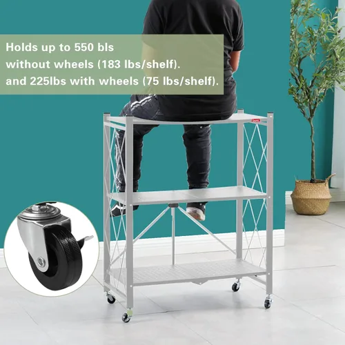 Miniatura 4 de DEANIC Estantes de almacenamiento plegables de 3 niveles con ruedas, soporte para electrodomésticos de cocina, estante de alambre de metal Gris