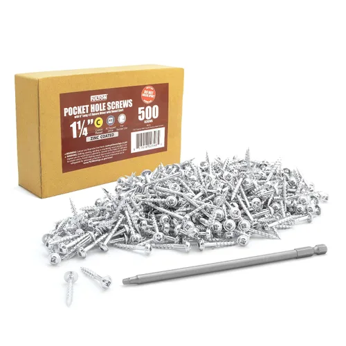 Fulton Woodworking Tools 500 tornillos de madera autorroscantes con revestimiento de zinc #8 x 1 ¼ con rosca gruesa y un destornillador cuadrado #2