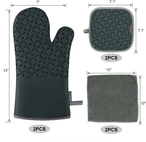 Miniatura 2 de KEGOUU Juego de 6 manoplas para horno y soportes para ollas, guantes para horno de cocina, resistentes al calor, 500 grados, extra largos, Verde