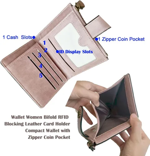 Miniatura 4 de Billetera para mujer, plegable, con bloqueo RFID, de cuero, tarjetero compacto con bolsillo para monedas con cremallera, Rosa, Cartera de cuero