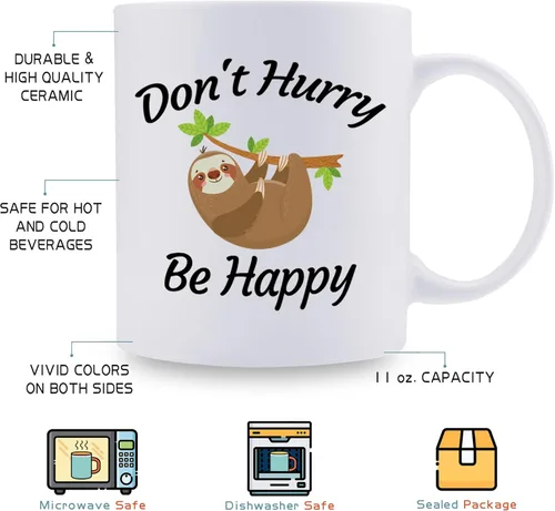 Miniatura 5 de aiyaya Taza de café con texto en inglés "Don't Hurry Be Happy Sloth - Bonita taza de café de perezoso de 11 onzas – Regalos de cumpleaños de Navidad