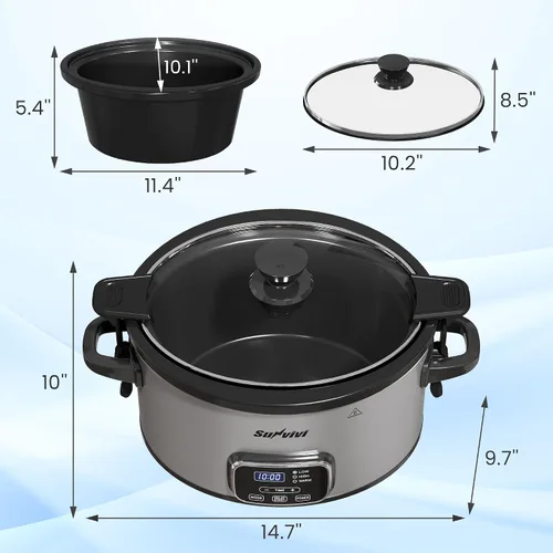 Miniatura 5 de Olla de cocción lenta de 4 cuartos, olla programable con olla de cerámica extraíble, tapa de bloqueo, 3 ajustes de calentamiento y control de Gris