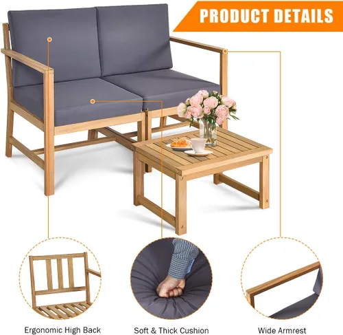 Miniatura 6 de Tangkula Sofá biplaza de madera de acacia 3 en 1 con mesa auxiliar separable, juego de sillas de madera de 3 piezas con cojines, juego de muebles