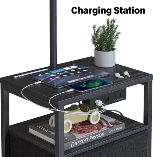 Miniatura 4 de SUNMORY Lámpara de pie con mesa y 2 cajones, lámpara con puerto USB y toma de corriente, lámparas para mesita de noche con bombilla LED de 3 Negro
