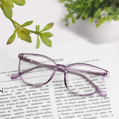 Miniatura 5 de FONHCOO - Lentes con bloqueo de luz azul de moda, redondos, TR90, transparentes, gafas anti UV para computadora para mujeres y hombres Púrpura