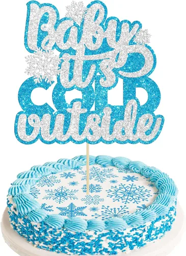1 unidad de decoración de pastel de copo de nieve de "Bebé, hace frío afuera" con purpurina, decoración de pastel de baby shower de invierno,