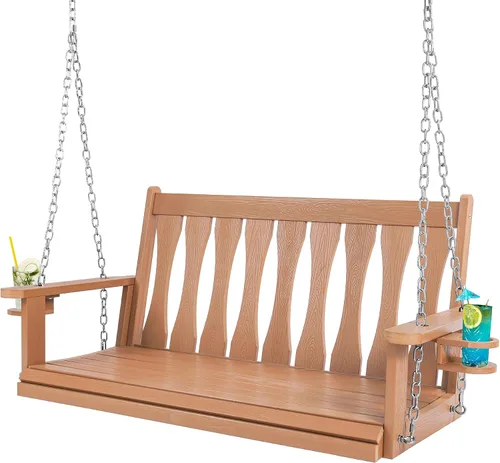 Miniatura 9 de HIPS - Columpio colgante de porche para todo tipo de clima, banco colgante de 2 asientos con soportes para tazas, silla de columpio de patio