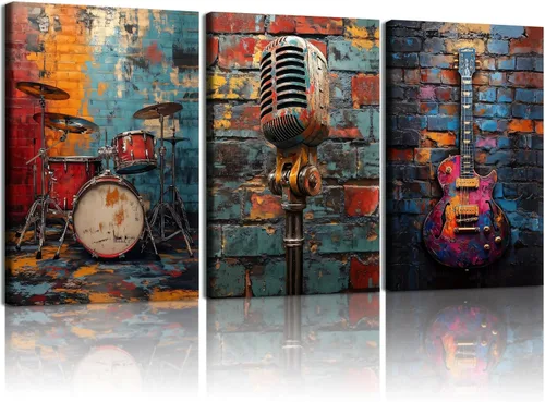 Miniatura 7 de NCCXNCC 3 piezas de arte de pared con marco negro con temática musical, lienzo, pintura, guitarra, tambor, micrófono, decoración de pared