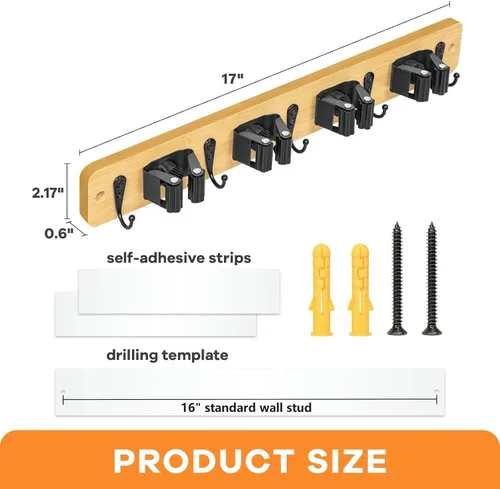 Miniatura 6 de IMILLET - Soporte de pared para fregona y escoba, colgador de bambú con 4 estantes y 5 ganchos, decoración para la lavandería, organizador