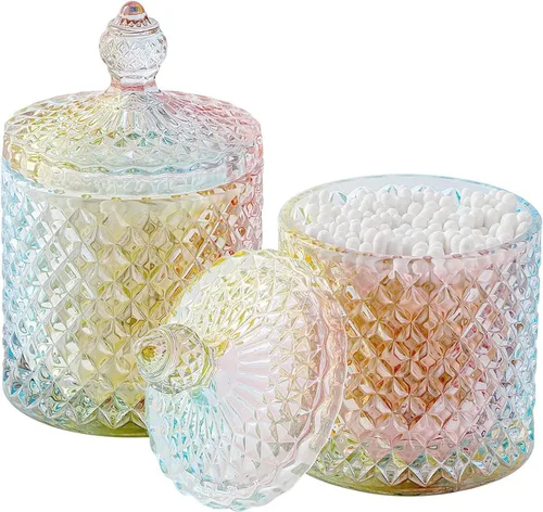 Miniatura 21 de Paquete de 2 Portacotonetes Frascos de Boticario de Vidrio Grueso con Tapa para Decoración de Baño Organizador de Almacenamiento para Hisopos