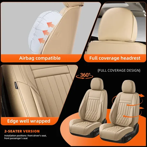 Miniatura 2 de Juego completo de fundas de asiento de automóvil de cuero napa impermeables y transpirables de 2 plazas, aptas para asientos delanteros