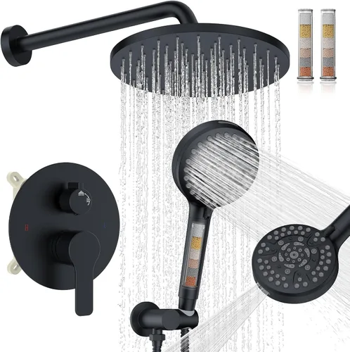 Juego de llave de ducha de lluvia redonda negra mate de Iriber, llave de ducha con filtro y rociador de mano, llave de ducha moderna de baño con 9