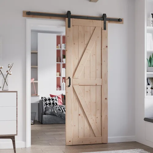 Miniatura 25 de FREDBECK - Puerta de granero de madera de 48 x 84 pulgadas con kit de herrajes para puerta de granero de 8 pies incluido, forma K, panel de abeto