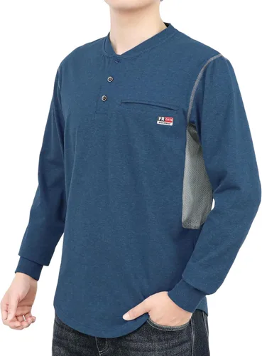BOCOMAL Camisas FR para verano, transpirable, diseño ventilado, 6 onzas, jaspeado, camiseta de manga larga, Henley, resistente al fuego, camisa de