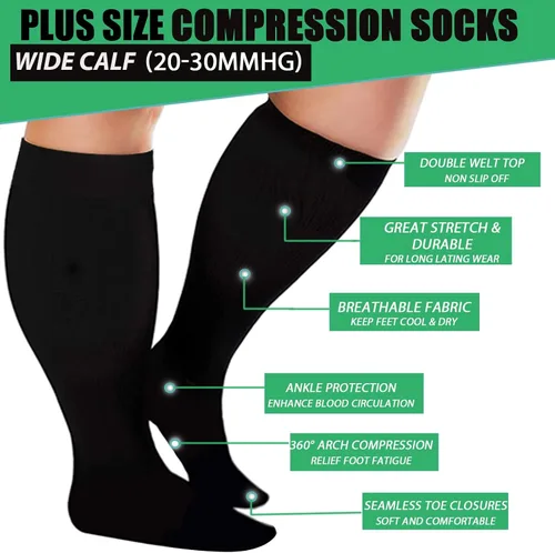 Miniatura 2 de 3 pares de calcetines de compresión talla extra grande para mujeres y hombres, pantorrilla ancha, 20-30 mmHg, soporte hasta la rodilla