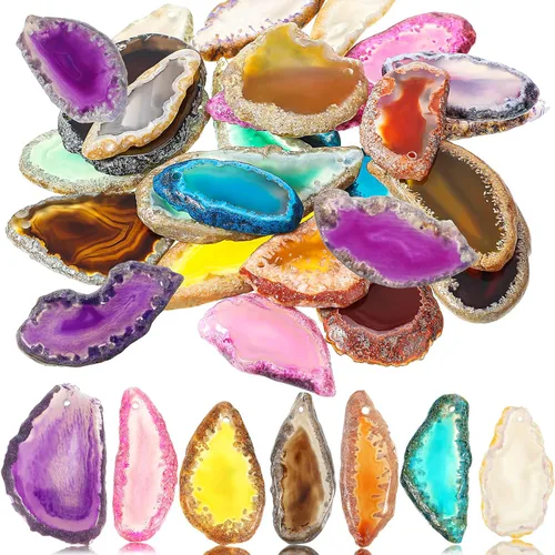 Hicarer 24 piezas de rebanadas de ágata pulida, colgantes de geoda de ágata perforada en varios tamaños y colores, adornos irregulares, piedras de