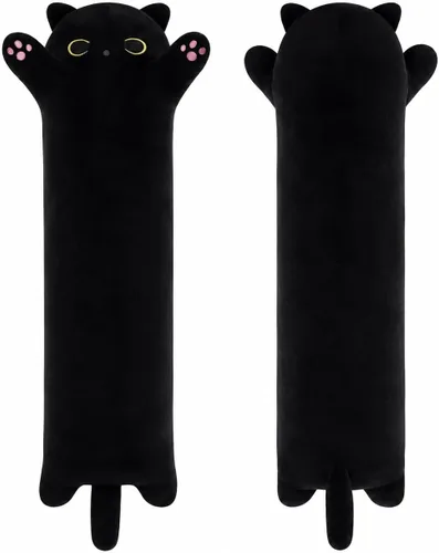 Almohada de gato de felpa suave, almohada larga de juguete de animal de peluche para gatito, regalo para niños, novia (50CM, negro)
