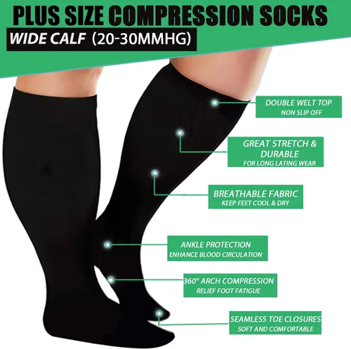Miniatura 3 de 3 pares de calcetines de compresión de talla grande para mujeres y hombres, pantorrilla ancha de 20-33 mmhg, soporte extra grande hasta la rodilla