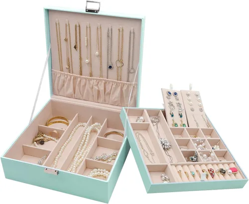 ProCase - Joyero grande de cuero con dos niveles para organizar aretes, pulseras, anillos, relojes, para mujeres, niñas, regalo ideal para novia o