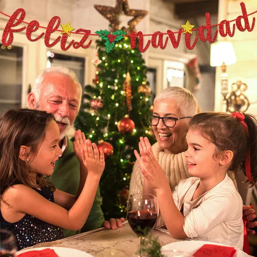 Miniatura 5 de Banner de Feliz Navidad con purpurina roja, guirnaldas de banderines de Navidad españolas, decoración de fiesta festiva, manto de invierno