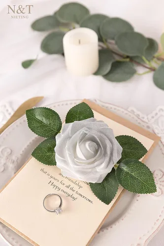 Miniatura 229 de N&T NIETING Flores artificiales, rosas artificiales de color rosa intenso, 50 piezas de flores falsas con tallo para ramos de boda DIY, centros