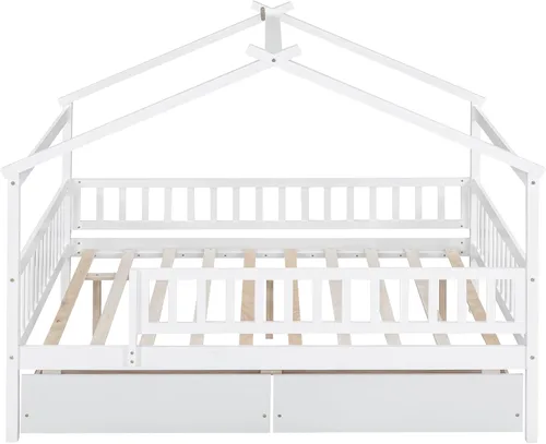 Miniatura 9 de Bellemave Cama de plataforma Montessori Full House para niños con 2 cajones de almacenamiento, barandillas y techo, madera maciza tamaño matrimonial