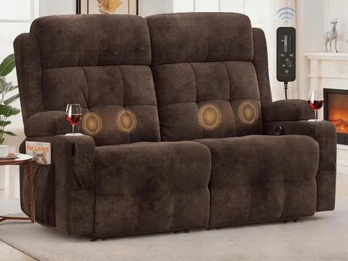 Miniatura 17 de Sofá reclinable de dos plazas, sofá reclinable de masaje de gran capacidad, silla de dos plazas para RV con espacio de almacenamiento, portavasos