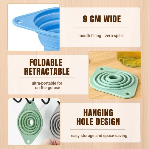 Miniatura 5 de Juego de embudos de cocina, 2025 nuevos embudos pequeños plegables de silicona de grado alimenticio para uso en cocina, embudos de cocina para 6
