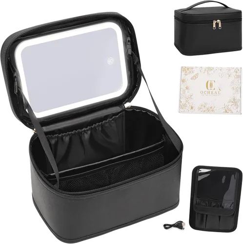 Bolsa de Maquillaje con Espejo LED, Bolsa de Maquillaje Ligera de Viaje con Espejo Iluminado de 3 Colores, Organizador de Maquillaje Cosmético,