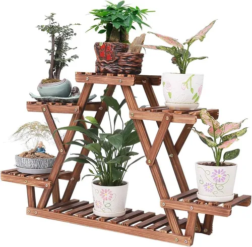 Soporte de madera para plantas para interiores, estante de 6 niveles con forma de triángulo, soporte para macetas de múltiples niveles para patio,