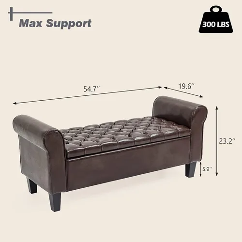 Miniatura 3 de ECOTOUGE Banco de almacenamiento armado, reposapiés tapizado de cuero con tapa con bisagras para el extremo de la cama del dormitorio, modelo Marrón
