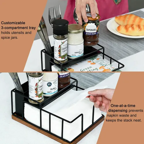 Miniatura 6 de Servilletero para mesa, dispensador de servilletas de metal con almacenamiento de salero y pimienta, soporte para utensilios 3 en 1, estante