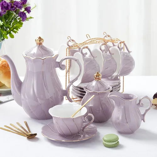 Miniatura 8 de DUJUST Juego de té de porcelana de 22 piezas para 6, lujoso juego de tazas de té/café estilo británico con ribete dorado, hermoso juego de té