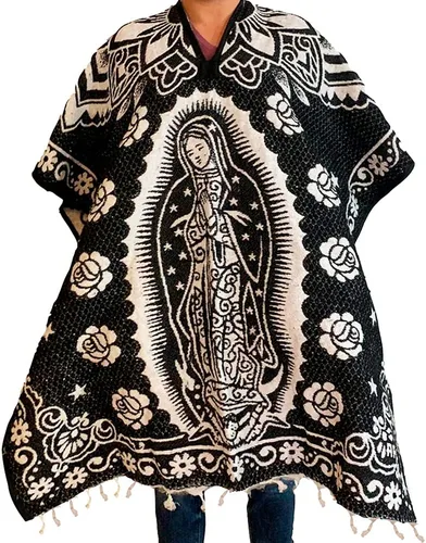 Poncho mexicano Virgen de Guadalupe - Poncho Serape hecho a mano - Poncho adulto de talla única - Cobija Gaban - Manta
