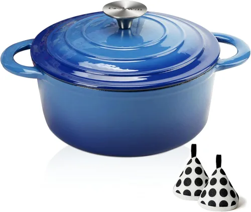 Horno Holandés COOKWIN de 5 Cuartos de Galón de Hierro Fundido Esmaltado con Tapa de Auto-Bastecer, Olla de Cuerpo Grueso de Doble Manija, Olla de