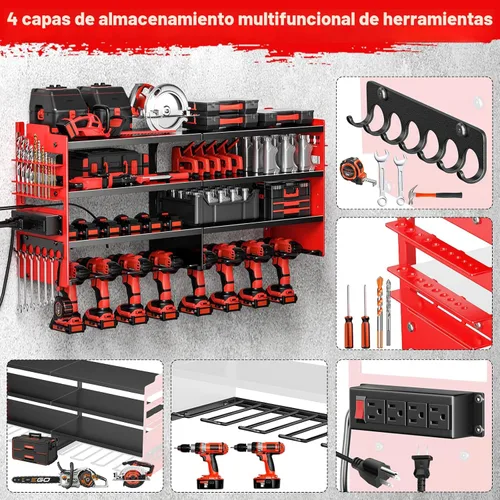 Miniatura 5 de POKIPO Organizador Grande de Herramientas Eléctricas de Pared con Estación de Carga, Estante de Almacenamiento de Herramientas de Metal de 4 Capas