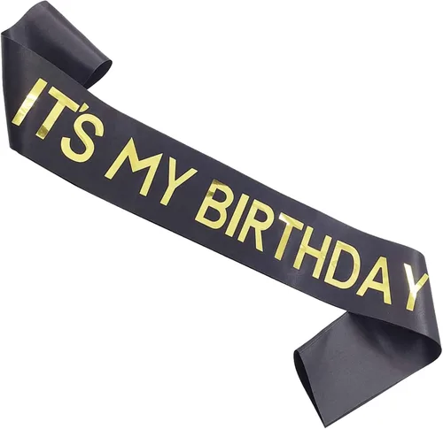 MGJSRNH Banda de cumpleaños para niña o niño, con texto en inglés "IT'S MY BIRTHDAY", color negro, suave, satinada, dorada, decoración de fiesta,