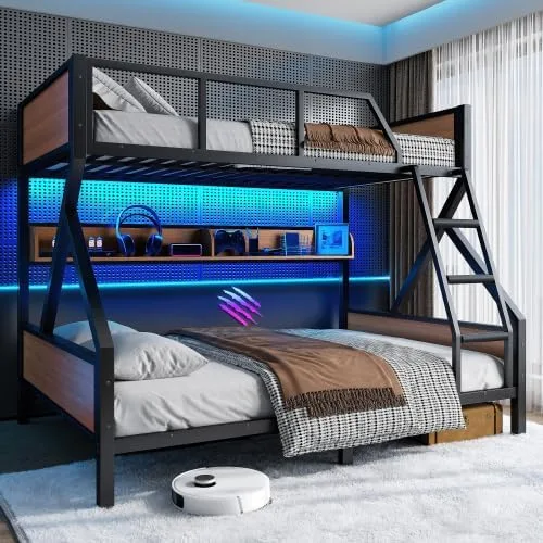 Miniatura 13 de Bellemave Twin XL Bunk Bed Frame with Storage Shelves & Pegboard, Metal Bunk Bed Twin XL with USB Ports & LED Lights, Space-Saving for Bedroom