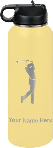 Miniatura 70 de LaserGram Botella de agua personalizada, golfista de golf, acero inoxidable de doble pared aislada al vacío con popote superior, regalo grabado Negro