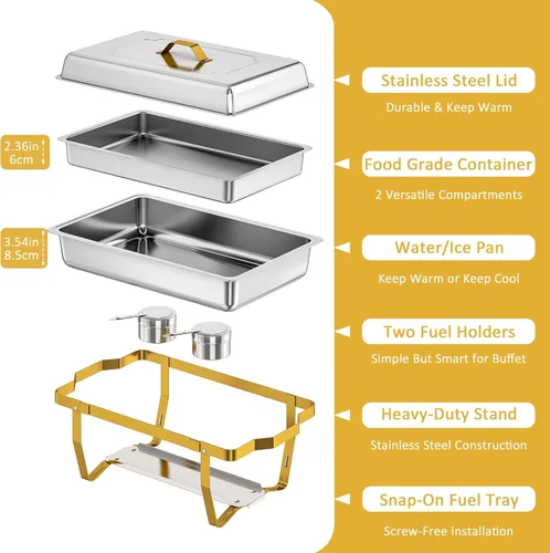 Miniatura 7 de Juego de 2 platos de 9 cuartos de galón para bufé, calentadores de alimentos de acero inoxidable dorado con utensilios de servir, soporte plegable