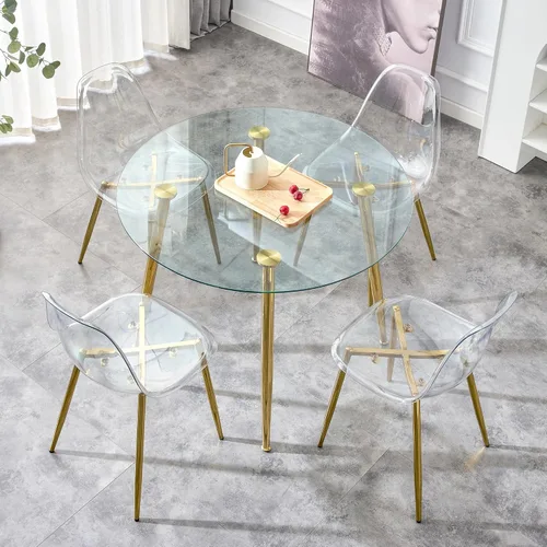 Miniatura 5 de A Glass Tabletop with a Diameter of 40 inches and a Modern Minimalist Circular Dining Table with Gold Plated Metal Legs. 40 '* 40' * 30 ' DT 1164